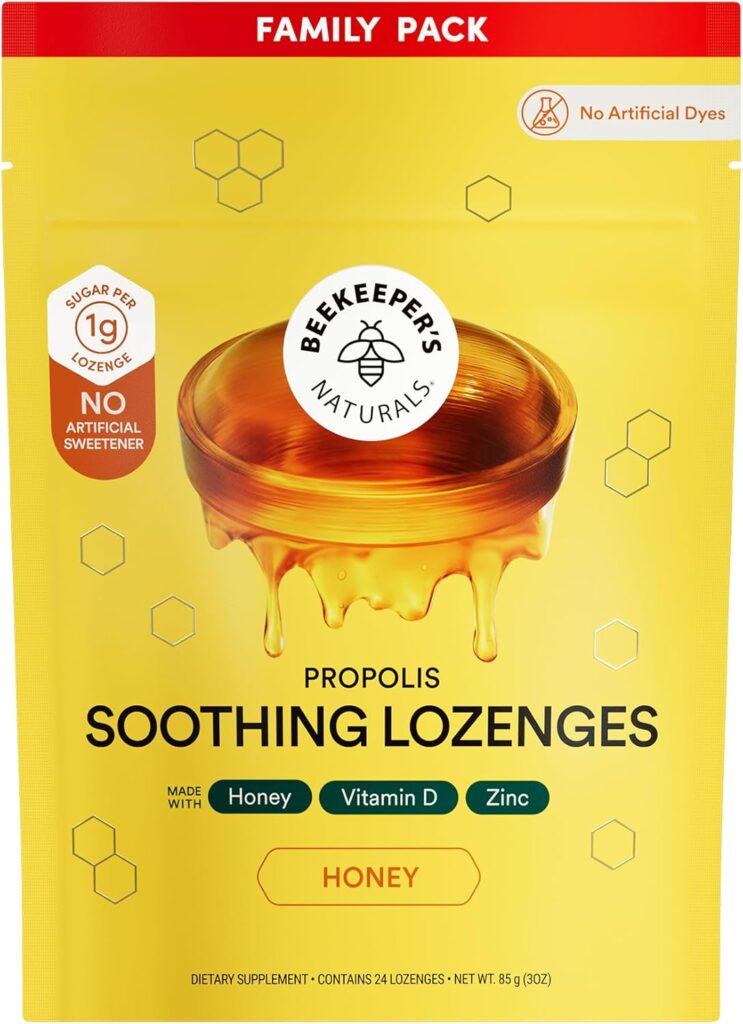 Beekeeper's Naturals Propolis Lozenges for throat soothing with Delsym 12-hour relief