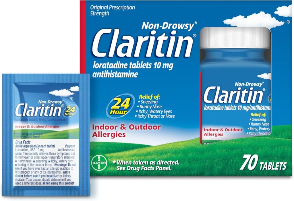 Claritin 24-Hour Non-Drowsy Loratadine 10mg tablets for adult allergy relief dosage