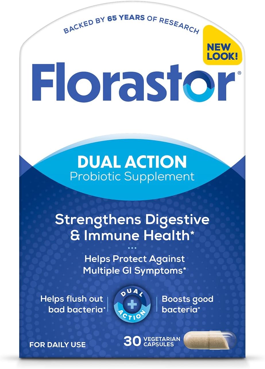 Florastor Dual Action probiotic supplement with Saccharomyces boulardii for Diarrhea from Antibiotics
