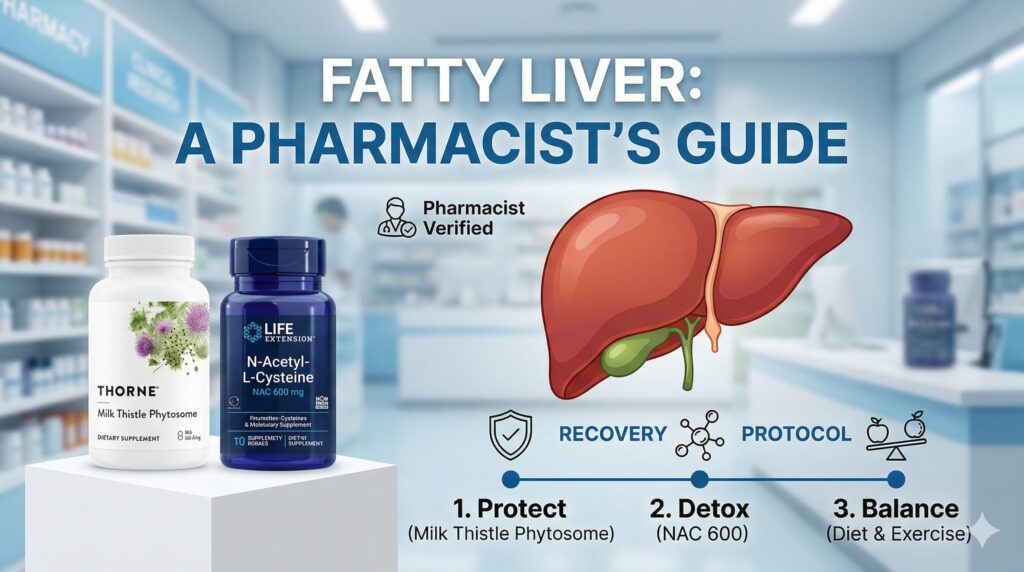 Pharmacist guide on Milk Thistle for Fatty Liver treatment, featuring Thorne Siliphos, NAC, and a clear 3-step recovery protocol (Cleanse, Protect, Balance) on a clean, medically professional 16:9 featured image.