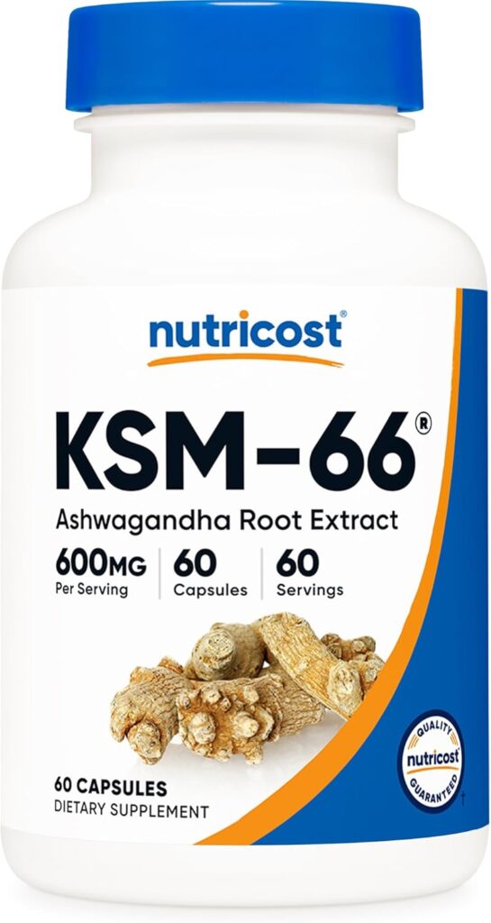 Alt Text: Nutricost Ashwagandha KSM-66 600mg capsules for stress relief and athletic recovery dosage