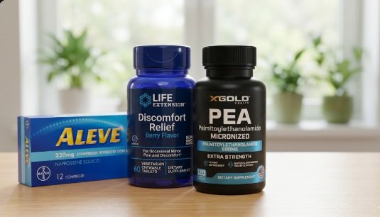 Integrative relief comparison: Aleve (Naproxen), Life Extension Discomfort Relief PEA, and XGOLD Health Micronized PEA supplements for nerve pain verified by Dr. Marco.