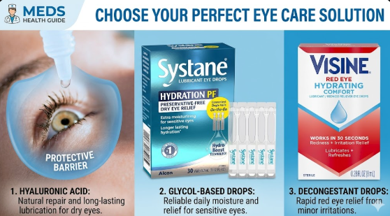 Comparison of red eye relief and allergy eye drops: Visine vs Systane and Hyaluronic Acid.