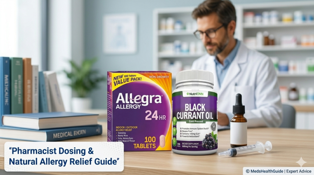 Pharmacist guide to allergy relief comparing Allegra and NutriONN Black Currant Seed Oil softgels