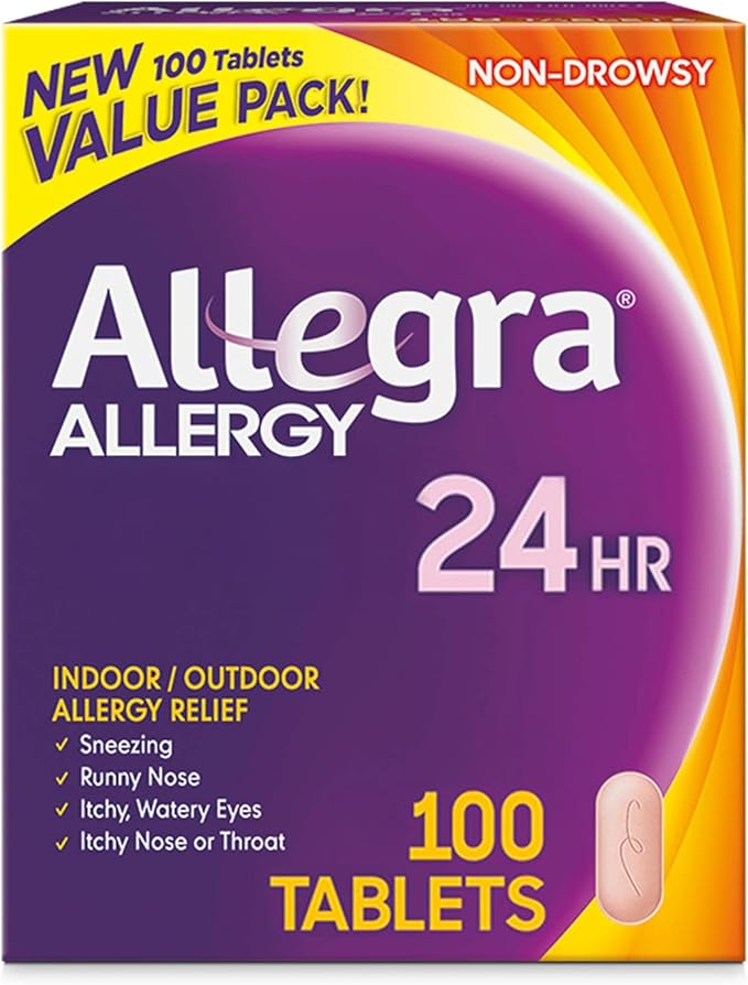 Allegra dosage guide for adults and children showing 180mg tablets and liquid bottle