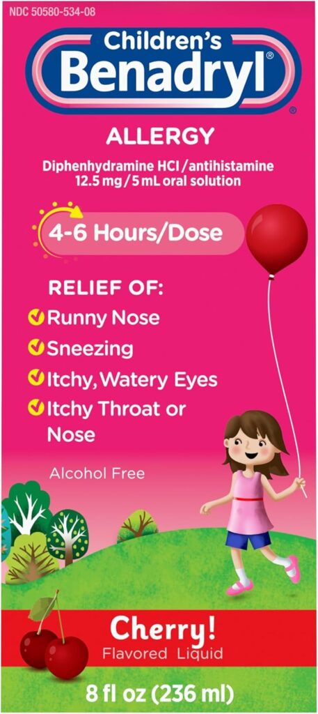 Children's Benadryl Allergy Liquid cherry flavor dosage bottle for pediatric allergy relief