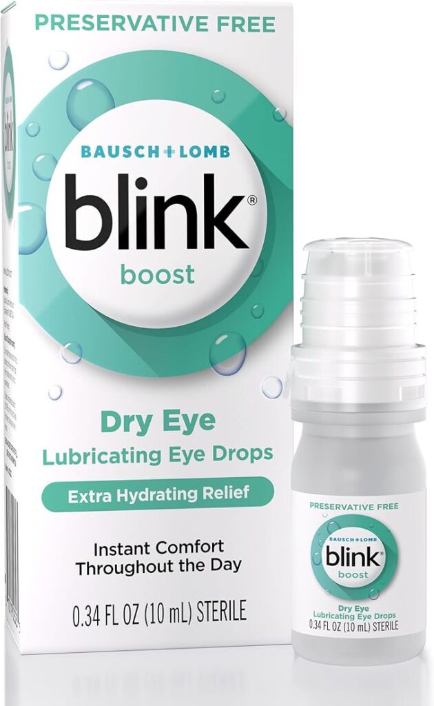Blink Boost preservative-free lubricating eye drops with Hyaluronate (Hyaluronic Acid) for natural ocular surface repair and moisturizing.
