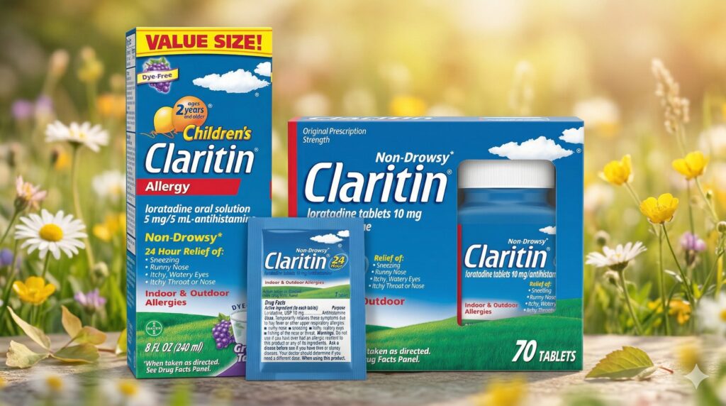 Claritin 24-Hour Non-Drowsy Loratadine 10mg tablets and syrup for adult and children allergy relief dosage