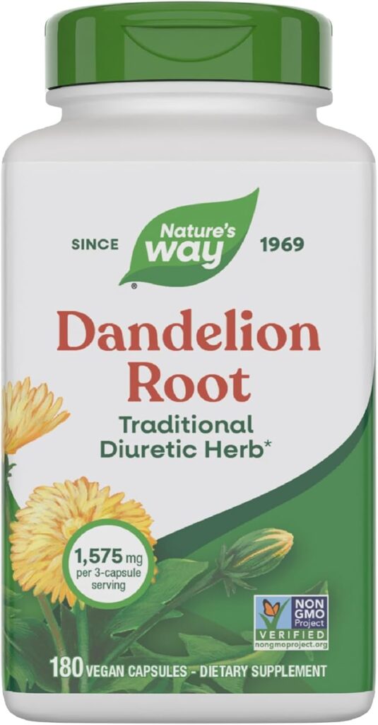 Nature’s Way Dandelion Root 525mg dietary supplement for healthy bile flow and digestion.