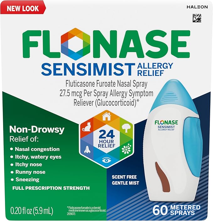 Flonase nasal spray bottle showing correct Flonase dosage for adults and children.