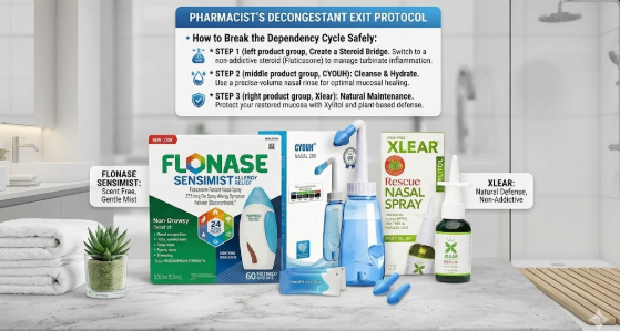 Pharmacist's guide infographic showing a nasal decongestant exit protocol using Flonase SENSIMIST, CYOUH Nasal Rinse, and Xlear Rescue Nasal Spray in a clean bathroom setting.