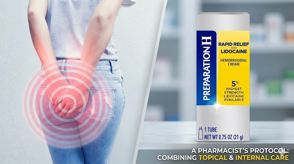 Pharmacist guide for hemorrhoid relief with Preparation H 5% Lidocaine cream and symptom comparison chart