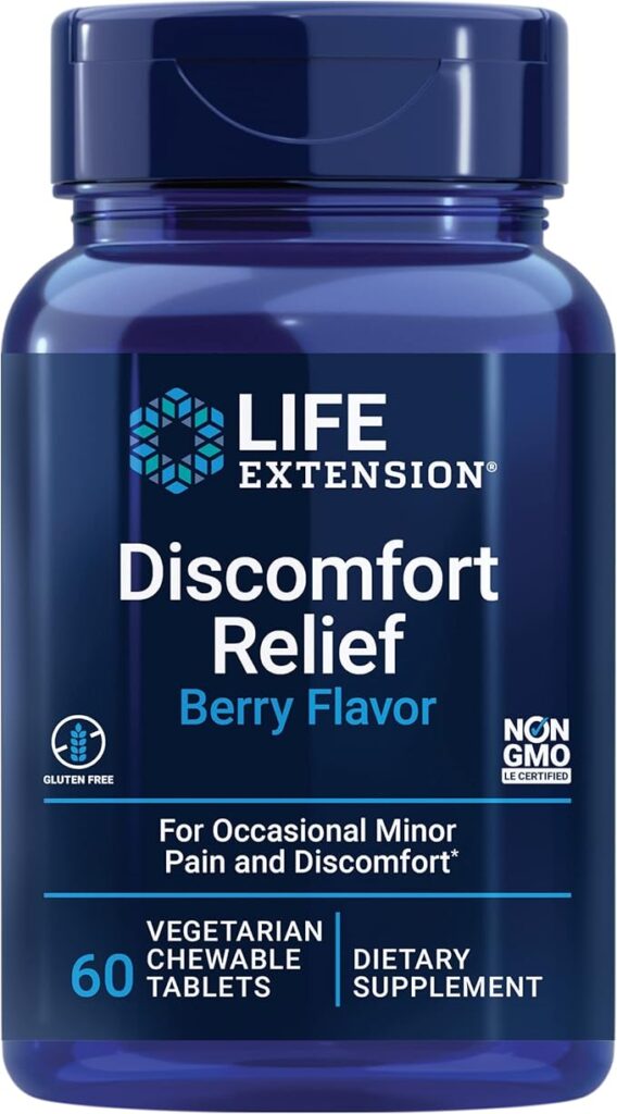 Life Extension Discomfort Relief Berry Flavor chewable PEA tablets for nerve discomfort.