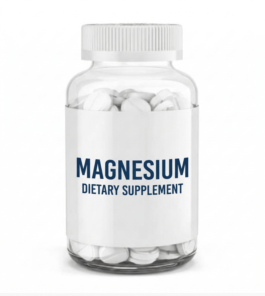 Featured image: A modern kitchen with Thorne Magnesium Malate and Life Extension Relaxing Magnesium boxes and bottles for dosage guide