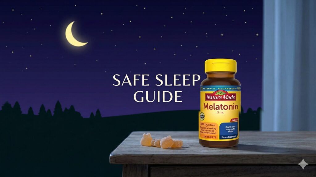 SAFE SLEEP GUIDE for kids and adults with melatonin and night theme