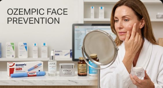 Clean pharmacist desk with Ozempic pen, Uriage serum booster, and a woman applying plumping cream for Ozempic Face prevention