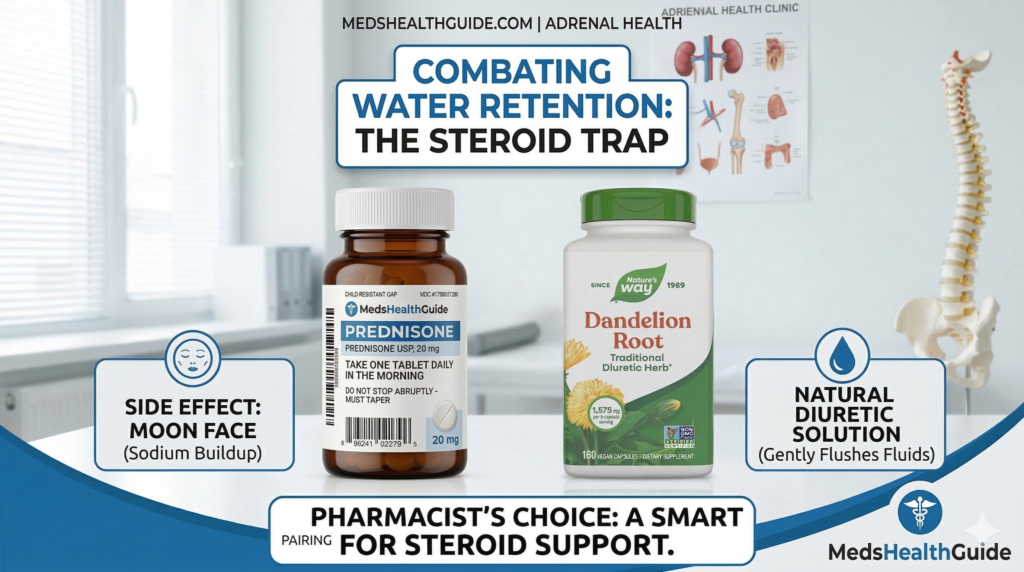 Pharmacist guide illustration comparing Prednisone (steroid medication) and Nature's Way Dandelion Root (natural supplement) for side effect management of water retention and moon face.