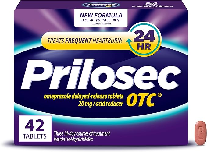 Prilosec OTC Omeprazole 20mg delayed-release tablets for 24-hour heartburn relief.