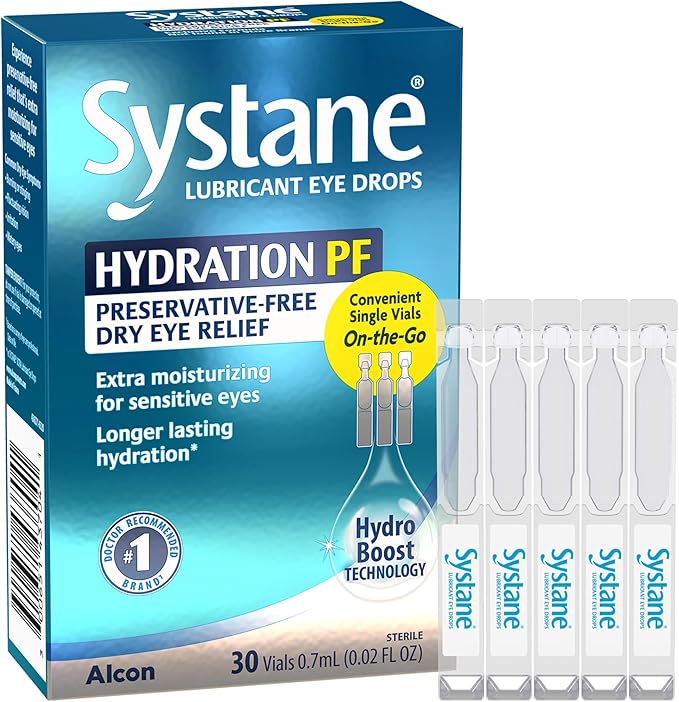Systane Hydration PF lubricant eye drops with Propylene Glycol and Sodium Hyaluronate for long-lasting relief of dry eye symptoms.