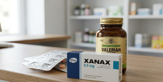 Comparison between Xanax medication and Solgar Valerian Root supplement on a pharmacy counter