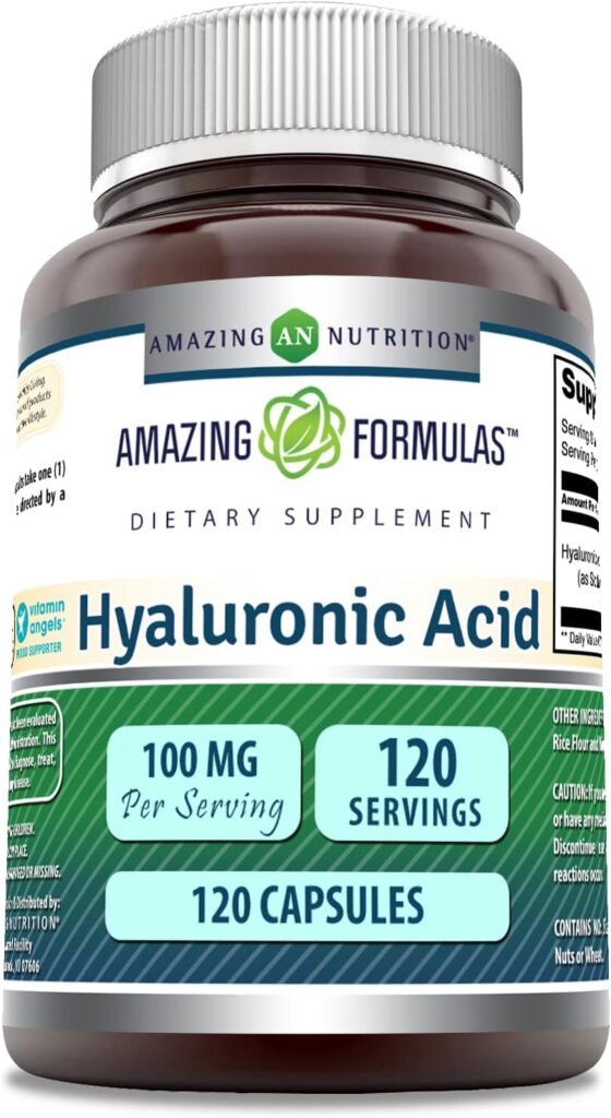Amazing Formulas 100mg capsules to maximize hyaluronic acid benefits for connective tissues.