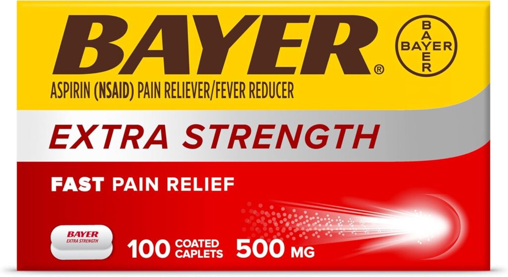 Aspirin dosage guide for Bayer Extra Strength 500mg coated caplets.