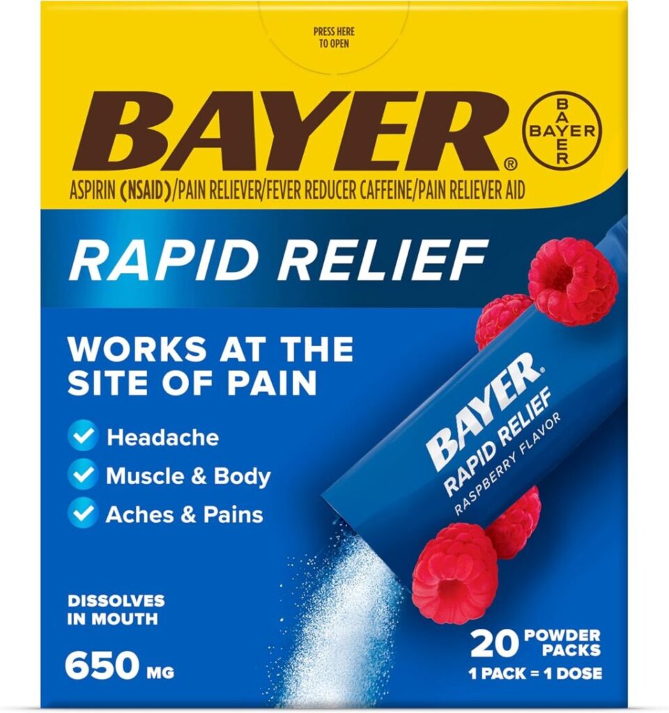 Aspirin dosage for Bayer Rapid Relief 500mg powder packs.