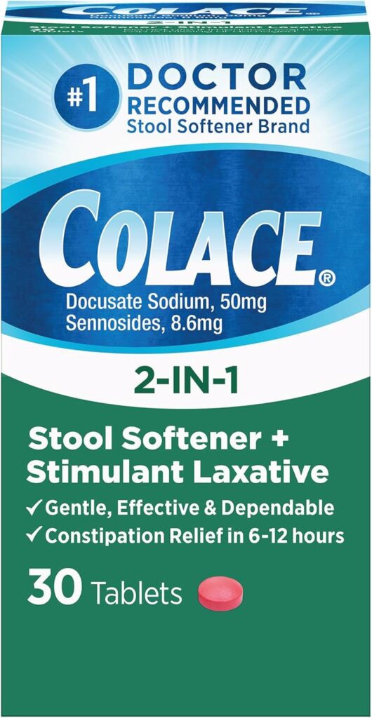 Colace dosage guide for 2-in-1 Stool Softener plus Stimulant Laxative tablets.