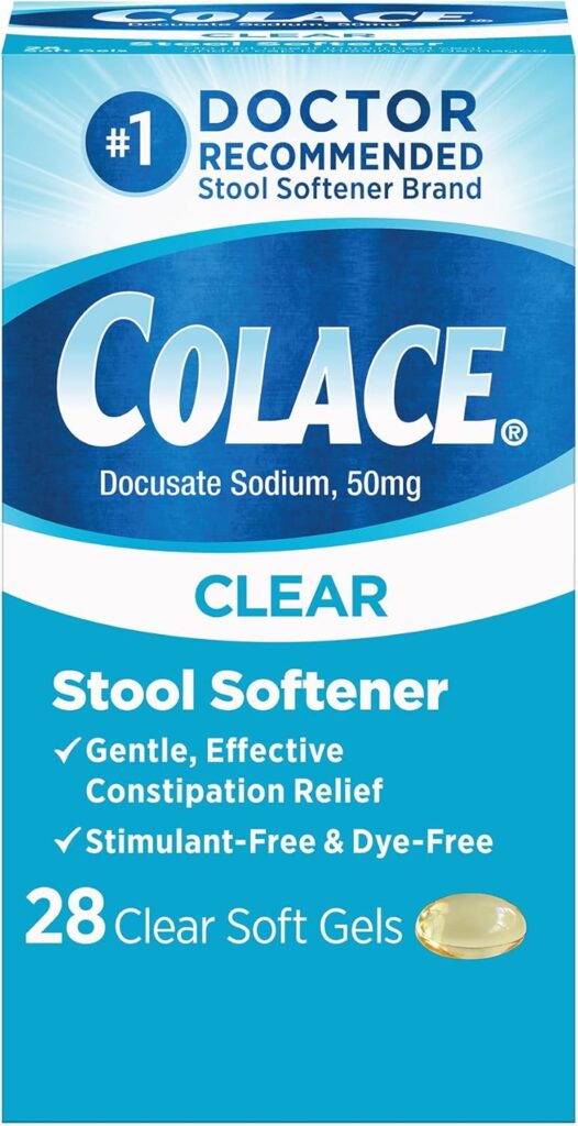 Colace Medication Dosage Guides for Clear 50mg dye-free stool softener softgels.