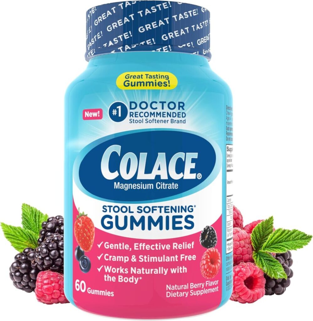 Colace Stool Softening Gummies with Magnesium Citrate for natural berry-flavored relief.
