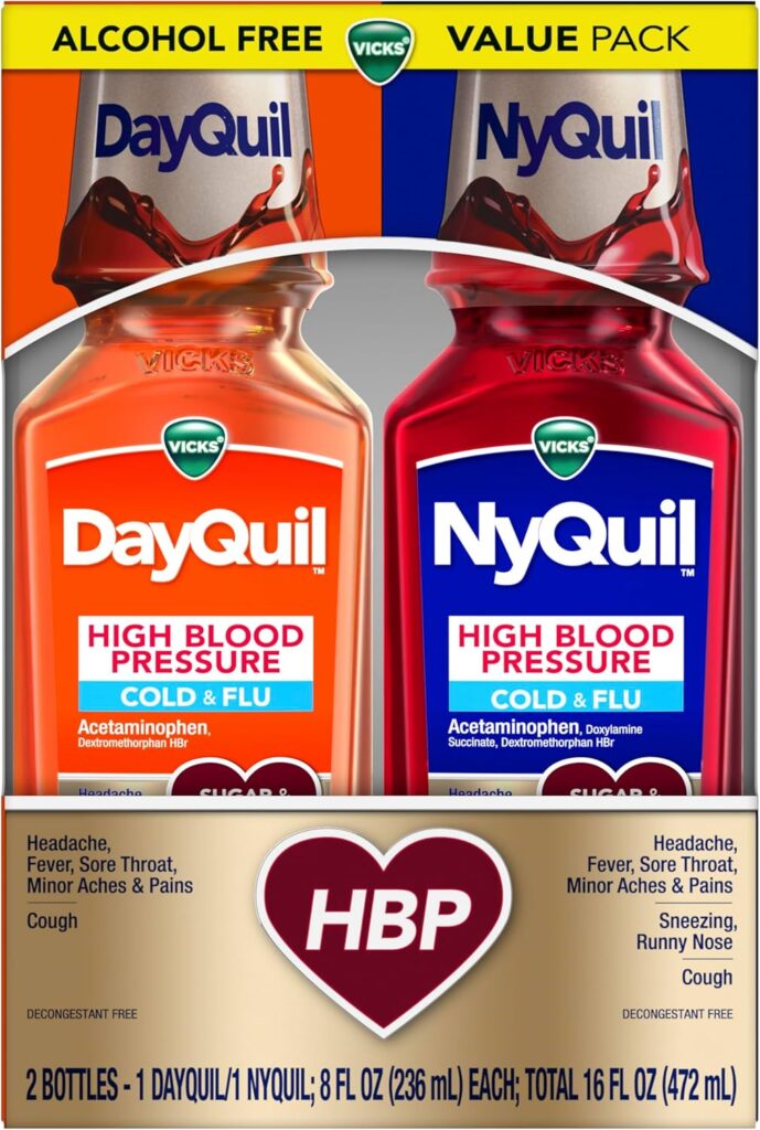 DayQuil and NyQuil HBP (High Blood Pressure) cold & flu medicine. A specialized DayQuil and NyQuil dosage guide for decongestant-free, HBP-safe relief for adults.
