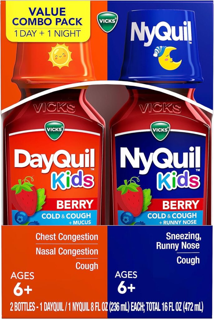 A Children’s DayQuil and NyQuil Kids Berry combo pack for ages 6+. Refer to this DayQuil and NyQuil dosage guide for safe, alcohol-free pediatric cough and congestion relief.