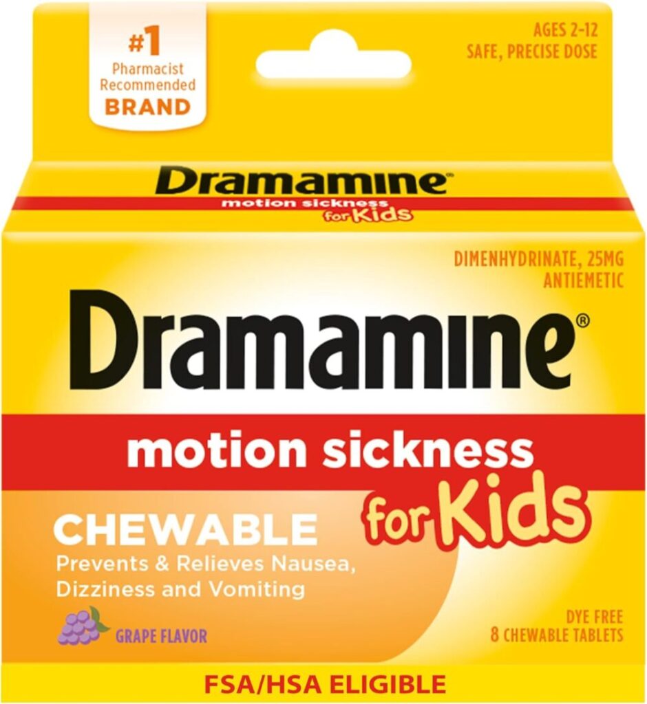 Pediatric Dramamine Dosage Guide for kids grape flavored 25mg chewable tablets