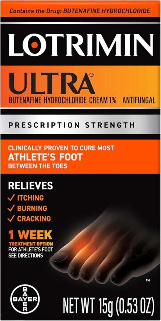Lotrimin Dosage Guide Ultra (Butenafine HCl 1%) Prescription Strength Cream for Athlete's Foot 1-week treatment.