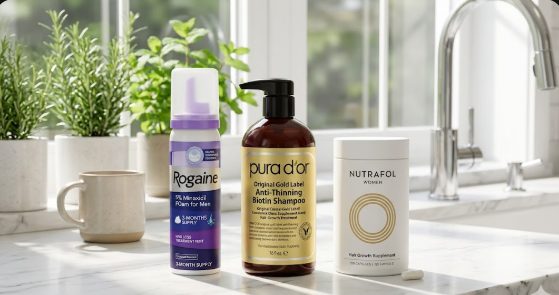 Rogaine Minoxidil Foam, PURA D'OR anti-thinning shampoo, and Nutrafol supplements for hair loss dosage guide
