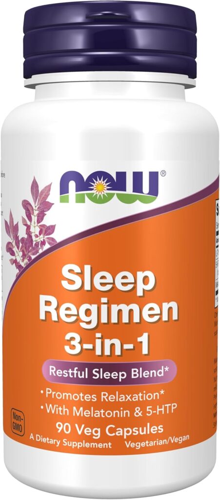 NOW Foods Sleep Regimen 3-in-1 with Melatonin benefits, 5-HTP, and L-Theanine.
