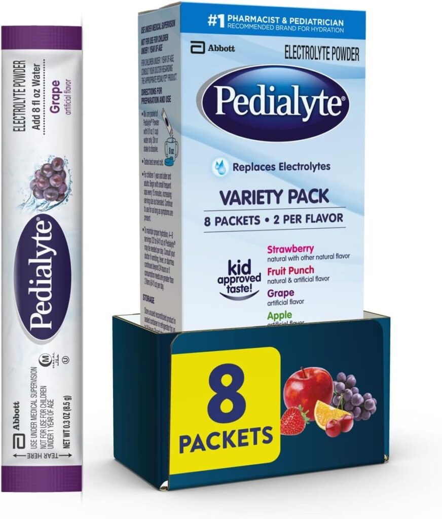 Pedialyte Electrolyte Solution for clinical dehydration and flu recovery.
