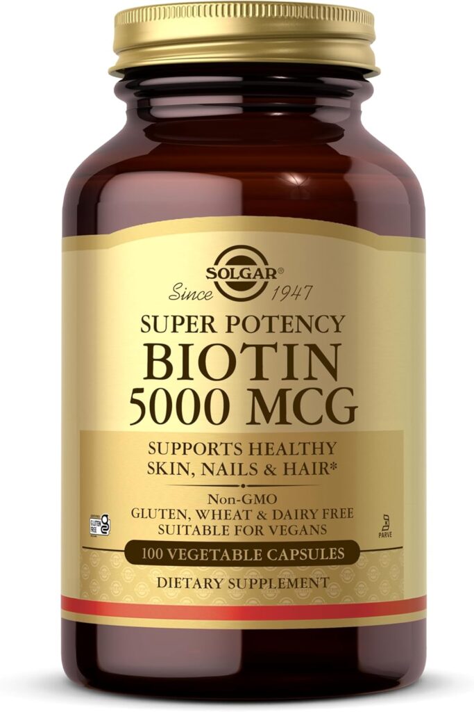 Solgar Biotin 5000 mcg veg caps for clinical hair and nail strength dosage guide