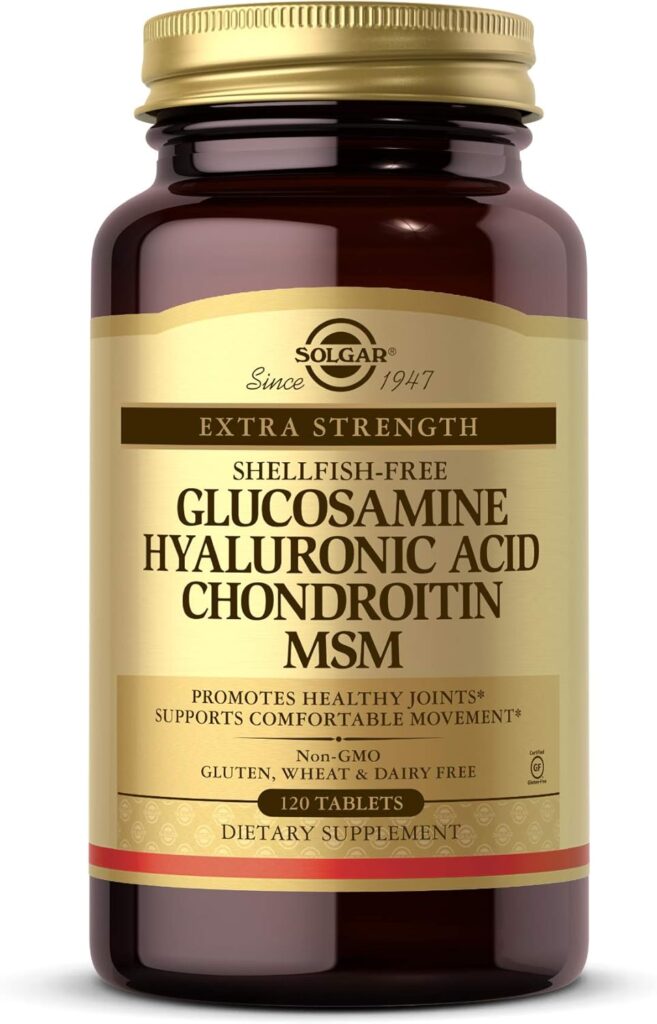 Solgar Glucosamine Hyaluronic Acid Chondroitin for joint lubrication.