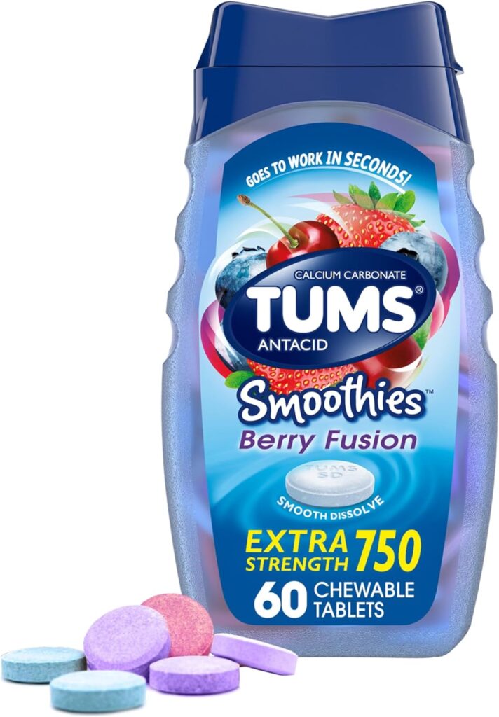 Tums Smoothies Extra 750 and colorful antacid tablets for the Tums Dosage Guide