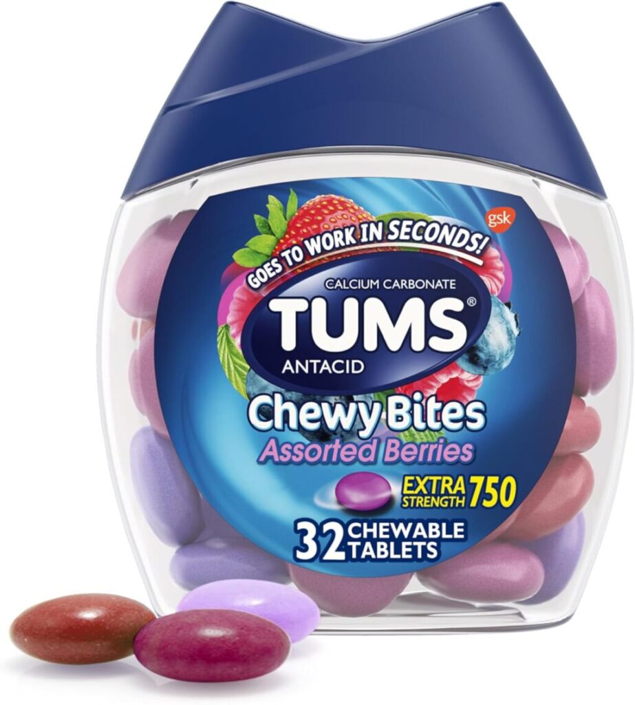 Tums Extra Strength 750mg tablets shown in the Tums Dosage Guide for acid reflux
