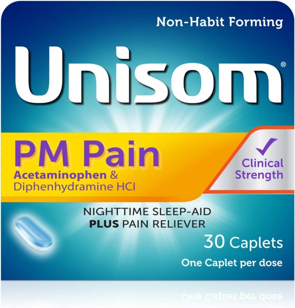 Unisom dosage guide for PM Pain with Acetaminophen and Diphenhydramine.