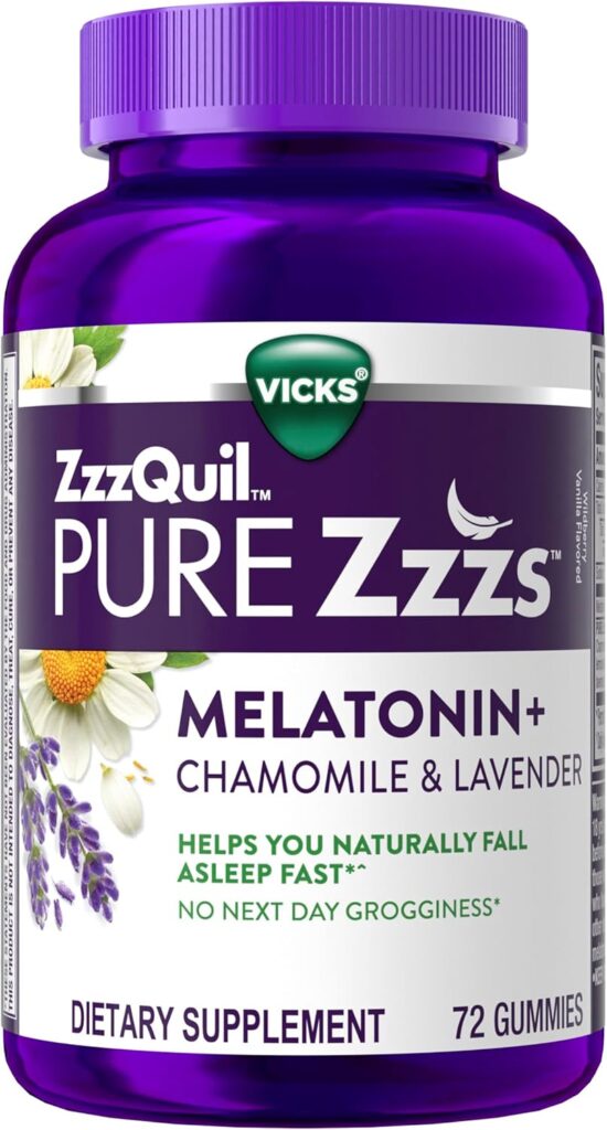 ZzzQuil Pure Zzzs Melatonin Gummies with Lavender and Valerian botanical blend.