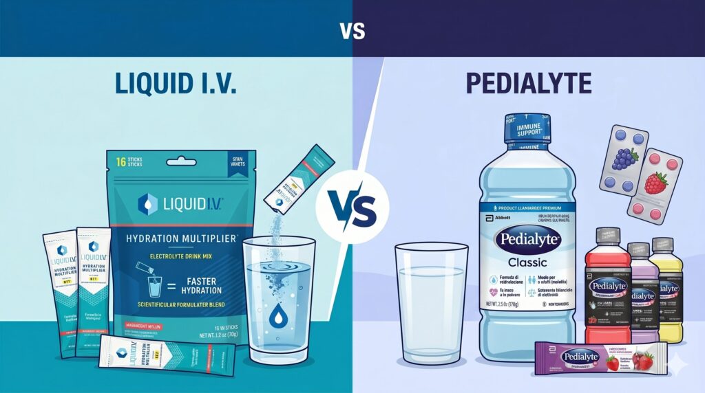 Pharmacist's guide for Liquid I.V. vs Pedialyte. Recovery protocols for hangovers, flu, and diarrhea.
