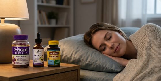 Woman sleeping peacefully in a dark room next to Melatonin, Magnesium, and Ashwagandha supplements for a natural sleep cycle.