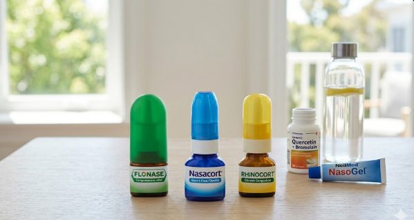 Flonase, Nasacort, and Rhinocort bottles next to Quercetin + Bromelain and NasoGel on a sunny wooden table, illustrating the Steroid Nasal Spray Comparison guide