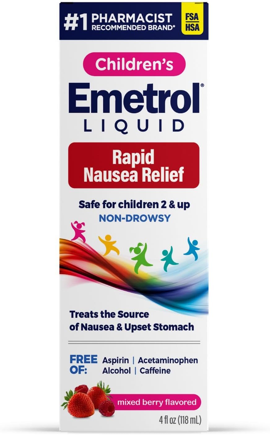 Childrens Emetrol dosage berry flavor for kids upset stomach
