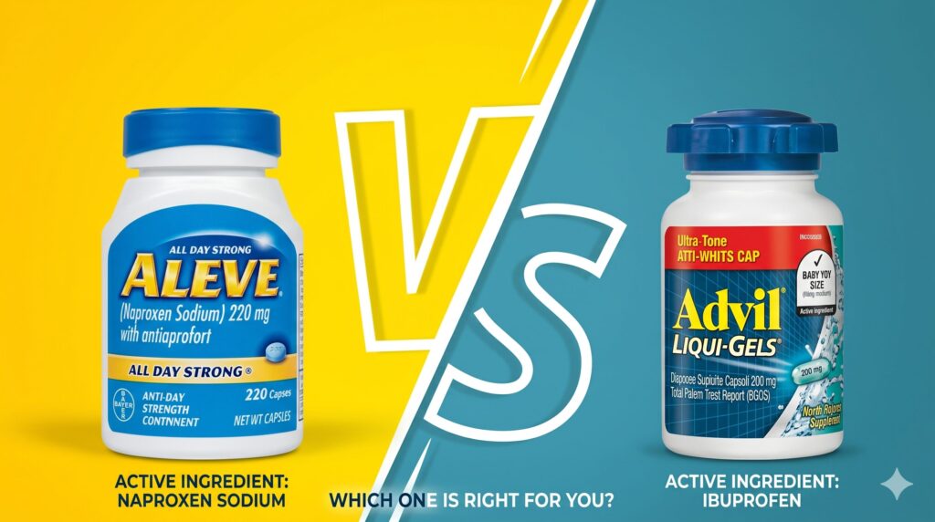 Aleve and Advil bottles side-by-side, visually illustrating the key differences in their uses, dosage, and side effects, helping readers understand the nuances between Aleve vs Advil.