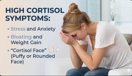 Distressed woman sitting on a white sofa with her head in her hands, illustrating high cortisol symptoms, chronic stress, and the emotional impact of hormonal imbalance